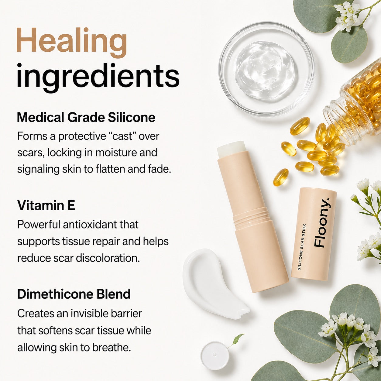 Healing ingredients in the Floony silicone scar stick